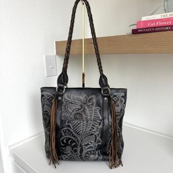 Patricia Nash Tooled Leather Tote Black Brown Fringe Handles Boho Western Bag - Picture 9 of 10